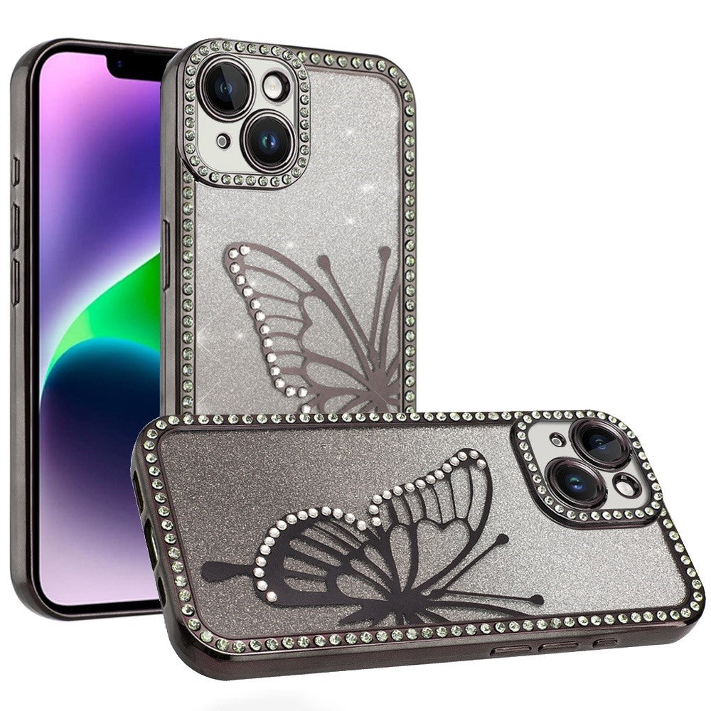 For Apple iPhone 17E /16E Butterfly Glitter Diamond Shimmer Hybrid Slim & Stylish Electroplated Sparkly Bling Shockproof TPU Protective Case Cover Black