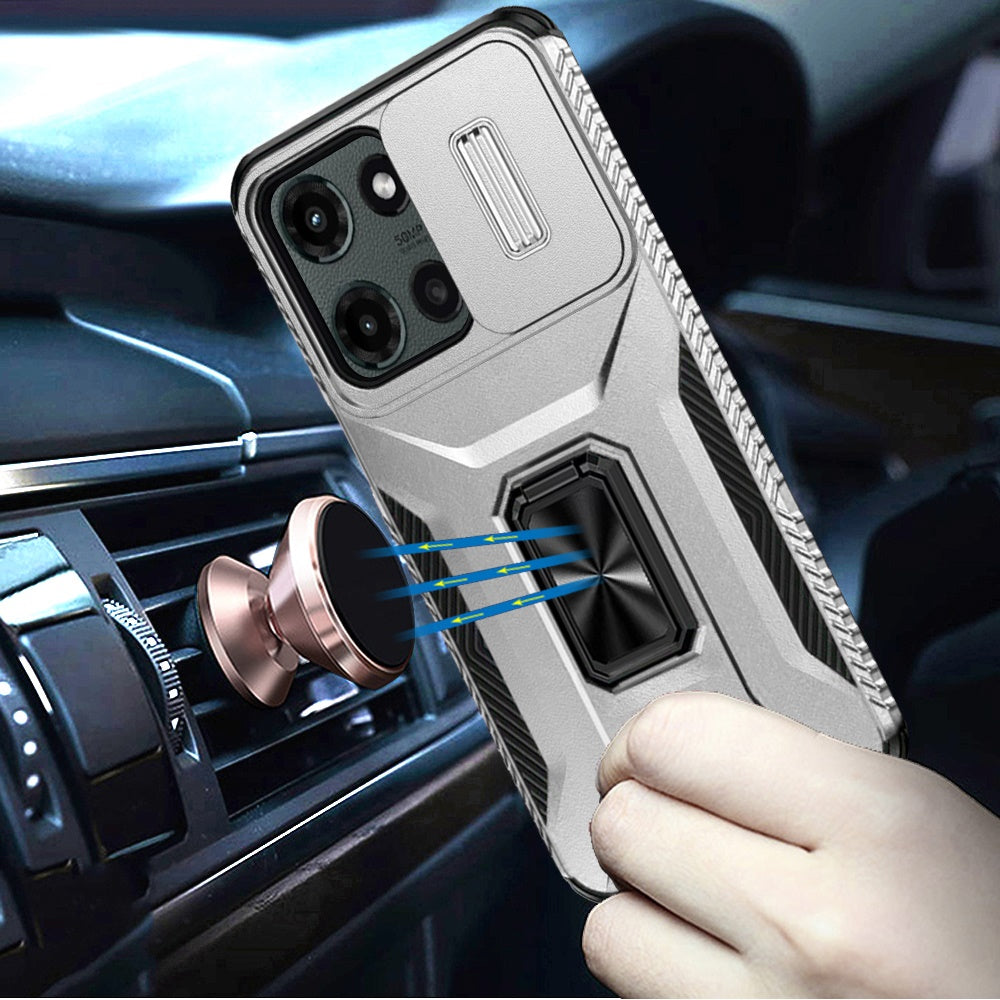 For Motorola Moto G 5G 2025 Case, Camera Cover with Magnetic Rotation Ring Stand, Military Grade Hybrid Hard TPU Shockproof Case Cover Silver