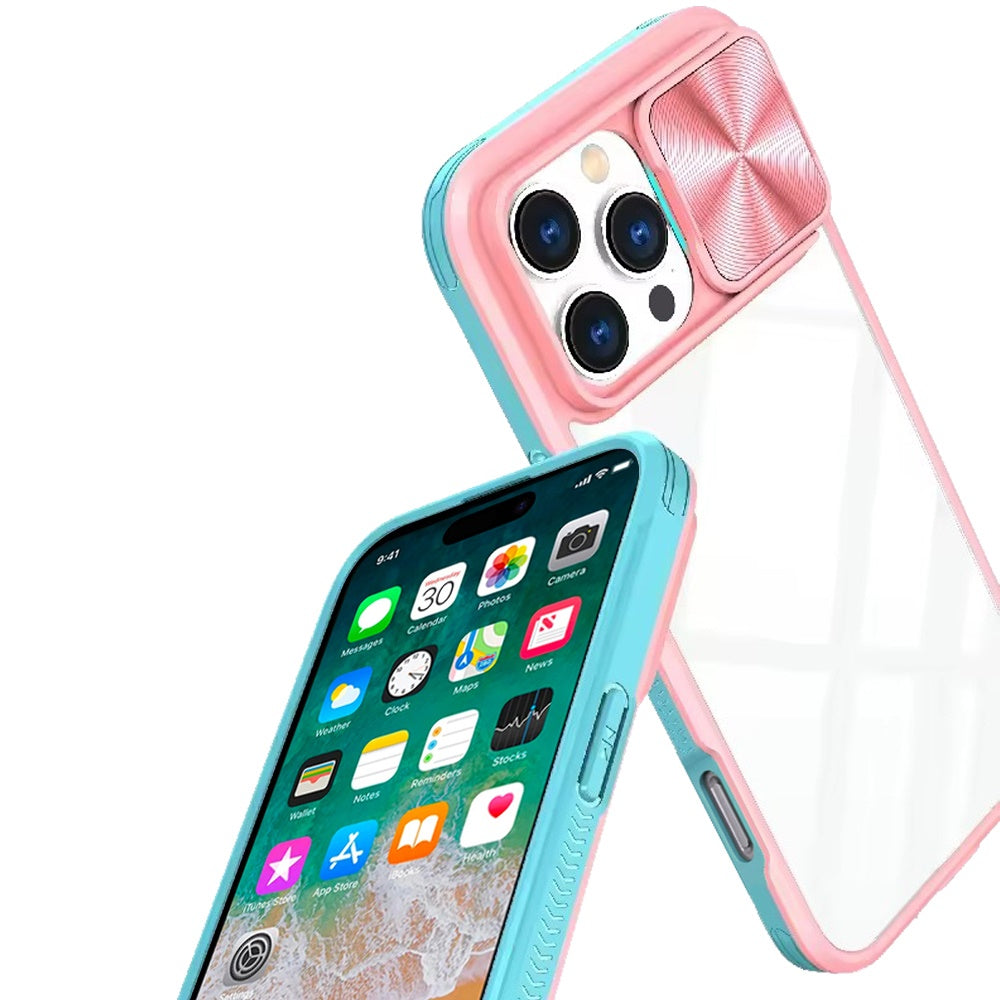 For iPhone 16 Pro Max (6.9") Hybrid Cases with Sliding Camera Cover Transparent Shockproof Bumper TPU Protective Case Cover Pink/Blue