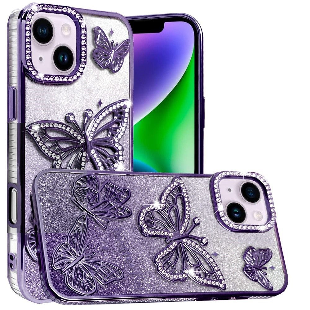 For Apple iPhone 15 Luxury Butterfly Sparkle Glitter Diamond Crystal Rhinestone Shimmer Bling Plating Thick TPU Hard PC Case Cover