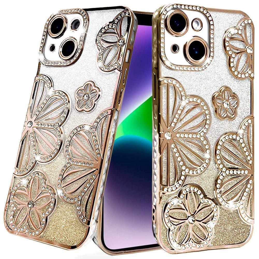 Phone Case for Apple iPhone 14/13 Shimmer Glitter Floral Thick TPU Shockproof Durable Grip Camera Protection Anti-Scratch Stylish Design Cover Gold