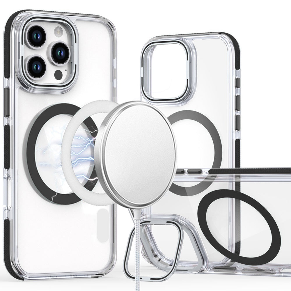 For Apple iPhone 17 AIR Hybrid Clear Back Case with Invisible Camera Bracket Stand, MagSafe Magnetic Circle, Shockproof Color Frame Case Cover Black