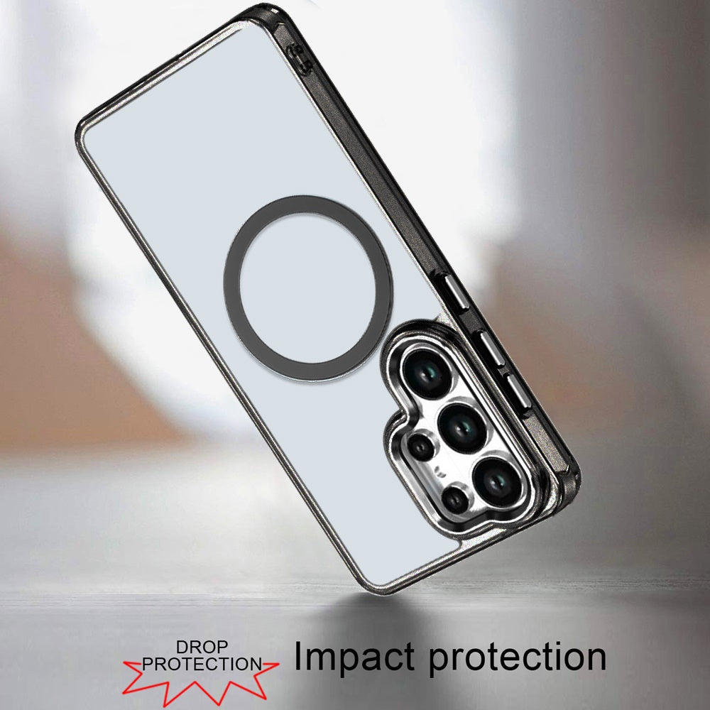 For Samsung Galaxy S25 Ultra Transparent Back Hybrid Case - Magnetic Circle, Color Frame, Metal Buttons, MagSafe Compatible Case Cover