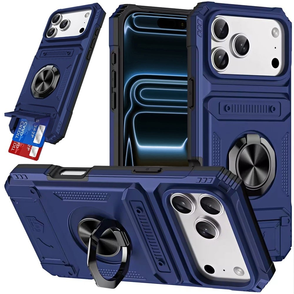 Phone Case for Apple iPhone 18 Pro Max Multi Functional Card Slot Shockproof Metal Ring Hybrid Wallet Rugged Protective Grip Heavy Duty Durable Cover Blue
