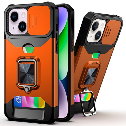 Phone Case for Apple iPhone 14/13 Card Holder Magnetic Ring Stand Shockproof Anti Slip Wallet Grip Protective Hybrid Design Cover Cosmic Orange