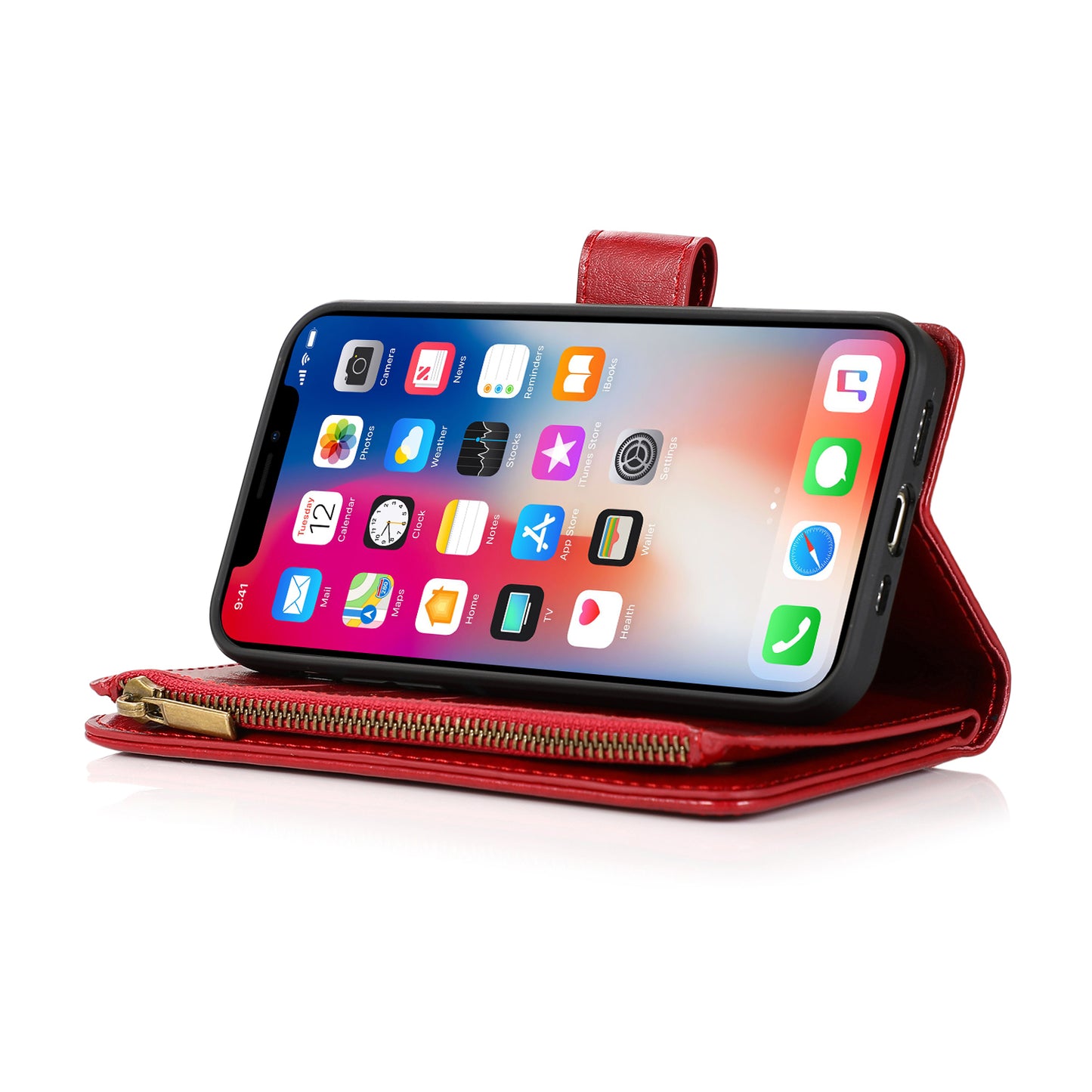 For Apple iPhone 16 Plus (6.7") Leather Zipper Wallet Case 9 Credit Card Slots Cash Money Pocket Clutch Pouch Stand & Strap Case Cover Red