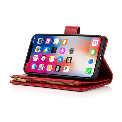 For Apple iPhone 16 Plus (6.7") Leather Zipper Wallet Case 9 Credit Card Slots Cash Money Pocket Clutch Pouch Stand & Strap Case Cover Red