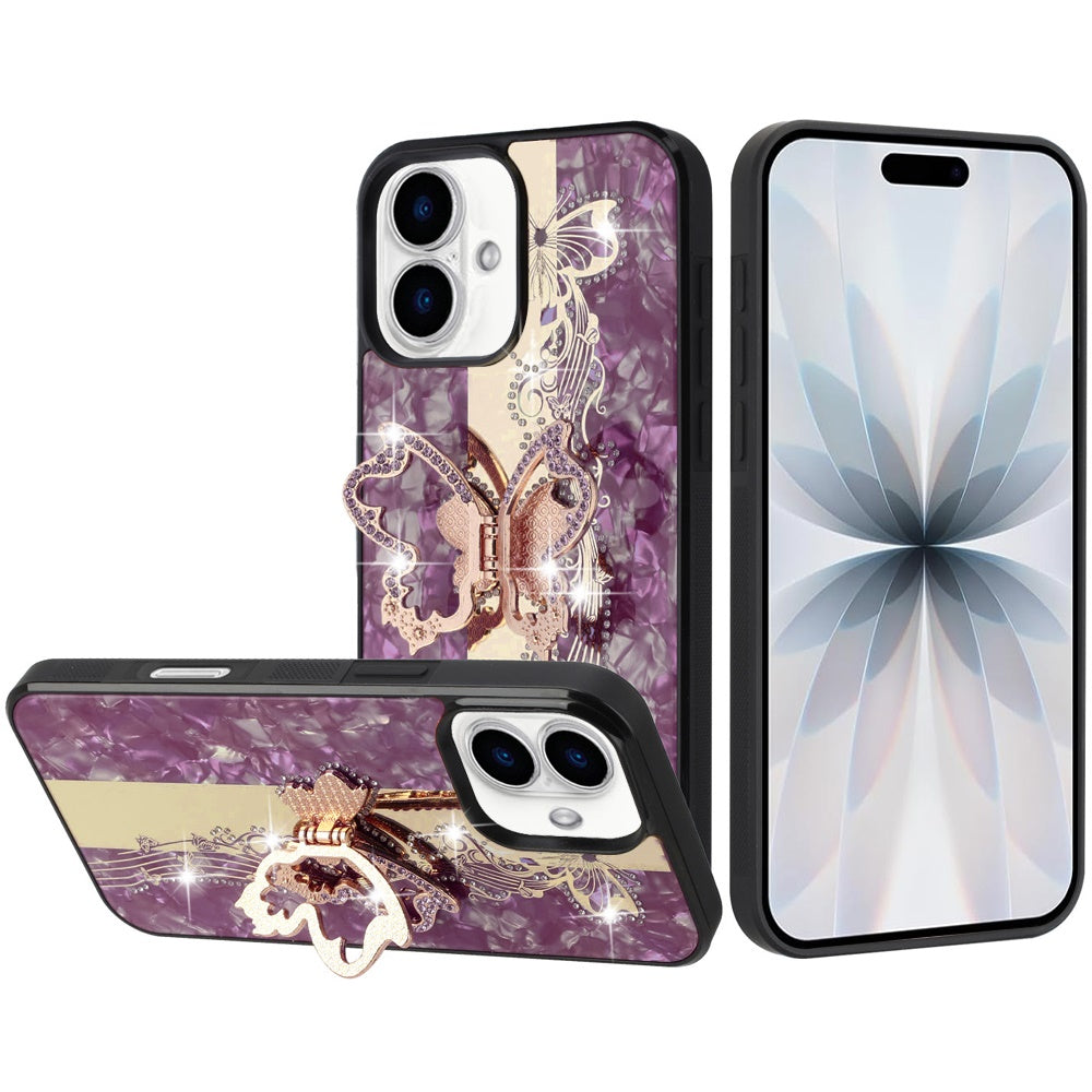 Diamond Glitter Butterfly Engraved Ring Stand Luxury Bling Hybrid Shockproof Chrome Edge Protective Durable Grip