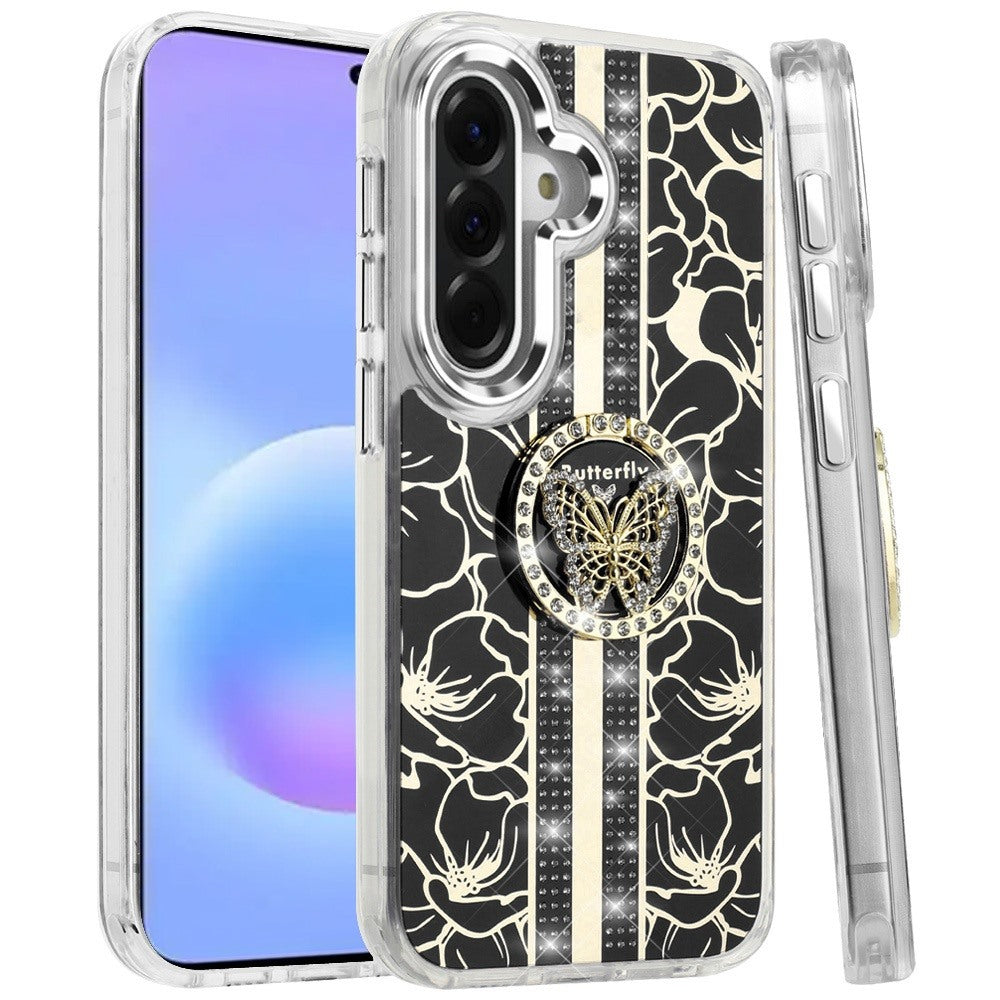 Phone Case for Samsung Galaxy A57 Floral Butterfly Ring Stand Glitter Bling Shockproof Hybrid Luxury Fashion Protective Anti Slip Durable Grip Cover