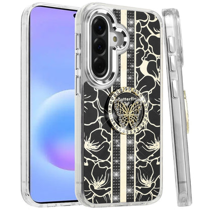 Phone Case for Samsung Galaxy A57 Floral Butterfly Ring Stand Glitter Bling Shockproof Hybrid Luxury Fashion Protective Anti Slip Durable Grip Cover