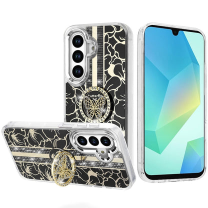 For Samsung Galaxy A16 5G Diamonds 3D Butterfly Floral Design Bling Sparkly Glitter Hybrid Metal Fashion with Ring Stand Case Cover