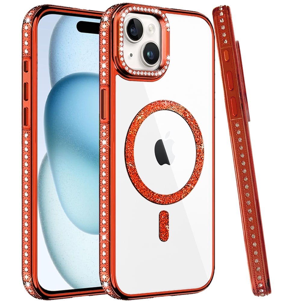 Phone Case for Apple iPhone 15 Luxury Diamond Bling Edged Magnetic Glitter Shockproof Hybrid with Camera Kickstand Durable Grip Cover
