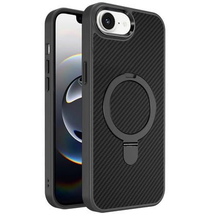 For Apple iPhone 16e (E edition) Hybrid Carbon Fiber Design with MagSafe Compatible [Magnetic Circle], Ring Stand Shockproof Slim TPU Case Cover
