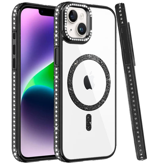Phone Case for Apple iPhone 14 Luxury Diamond Bling Edged Magnetic Glitter Shockproof Hybrid with Camera Kickstand Durable Grip Cover