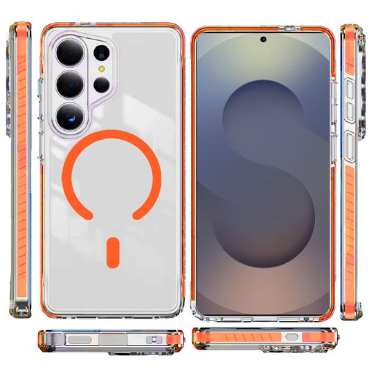 For Samsung Galaxy S25 Ultra Magnetic Thick Transparent Colored Edge Hybrid Drop Protection Shockproof Design Case Cover Cosmic Orange