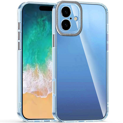 For Apple iPhone 17E /16E Transparent Clear Hybrid with Matching Metal Buttons and Camera Protection Hard PC + TPU Rubber Case Cover Black