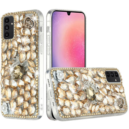 For Samsung Galaxy Z Flip 7 FE Bling Crystal 3D Full Diamonds Luxury Sparkle Rhinestone Hybrid Protective Case Cover Gold Swan Crown Pearl