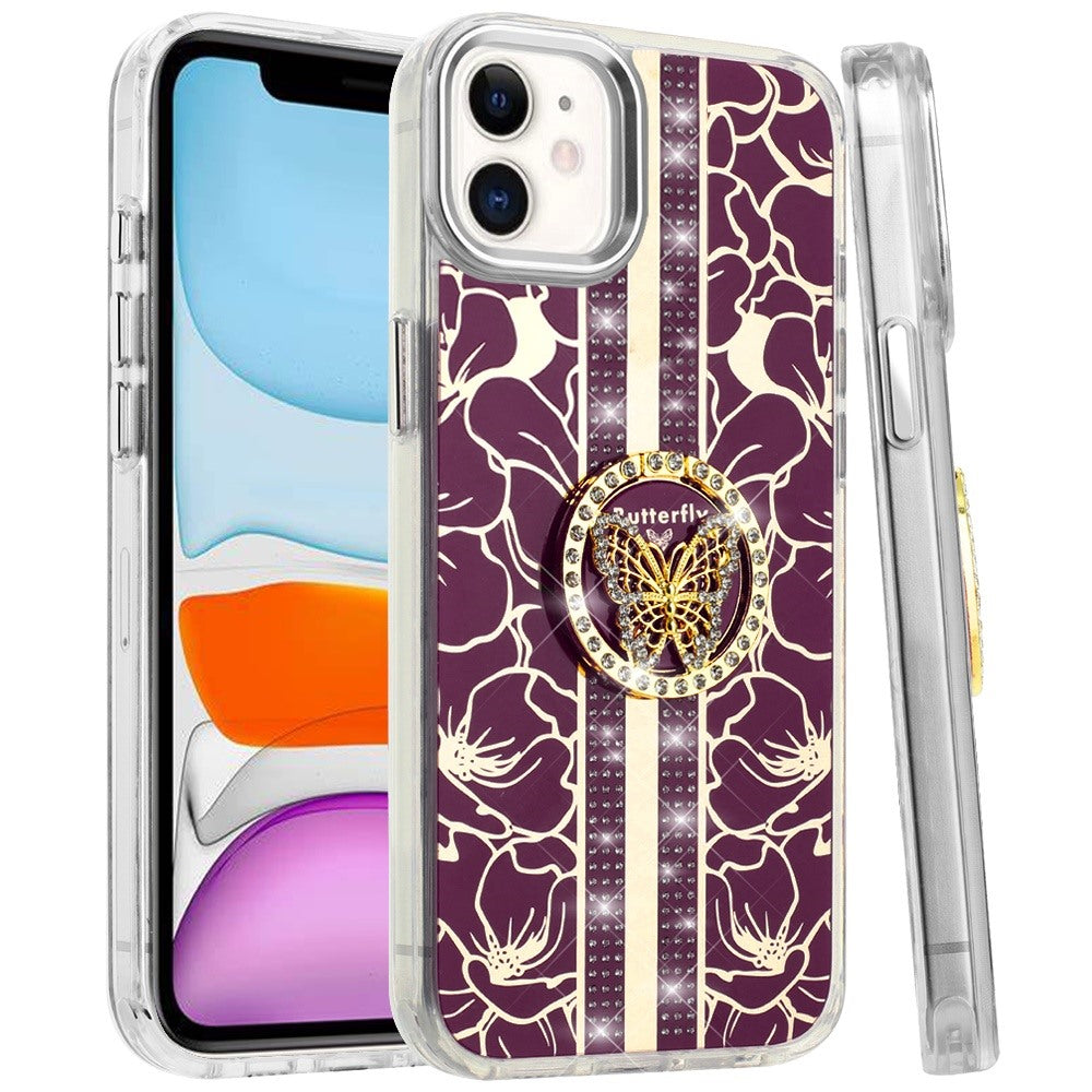 Phone Case for Apple iPhone 11 Floral Butterfly Ring Stand Glitter Bling Shockproof Hybrid Luxury Fashion Protective Anti Slip Durable Grip Cover Purple