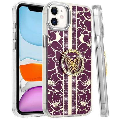 Phone Case for Apple iPhone 11 Floral Butterfly Ring Stand Glitter Bling Shockproof Hybrid Luxury Fashion Protective Anti Slip Durable Grip Cover Purple