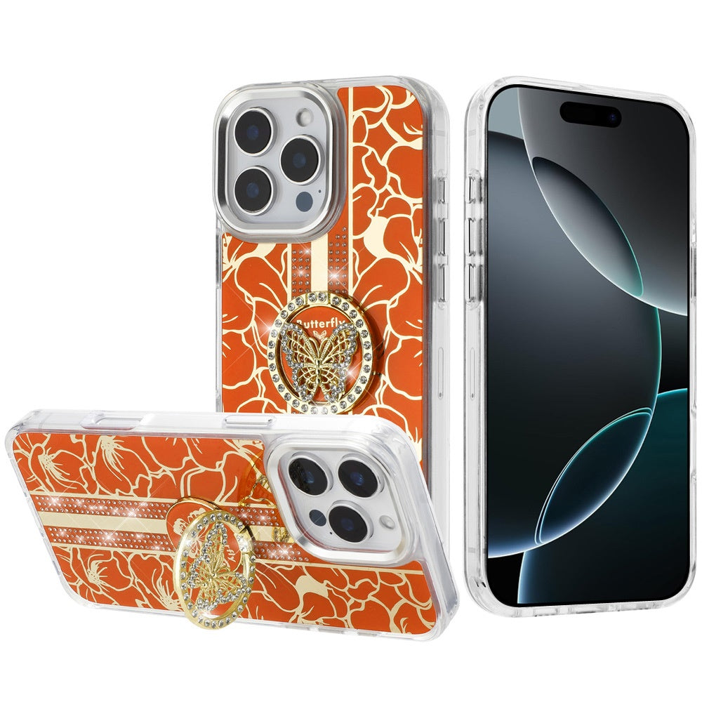 For iPhone 16 Pro Max (6.9") Diamonds 3D Butterfly Floral Design Bling Sparkly Glitter Hybrid Metal Fashion with Ring Stand Case Cover