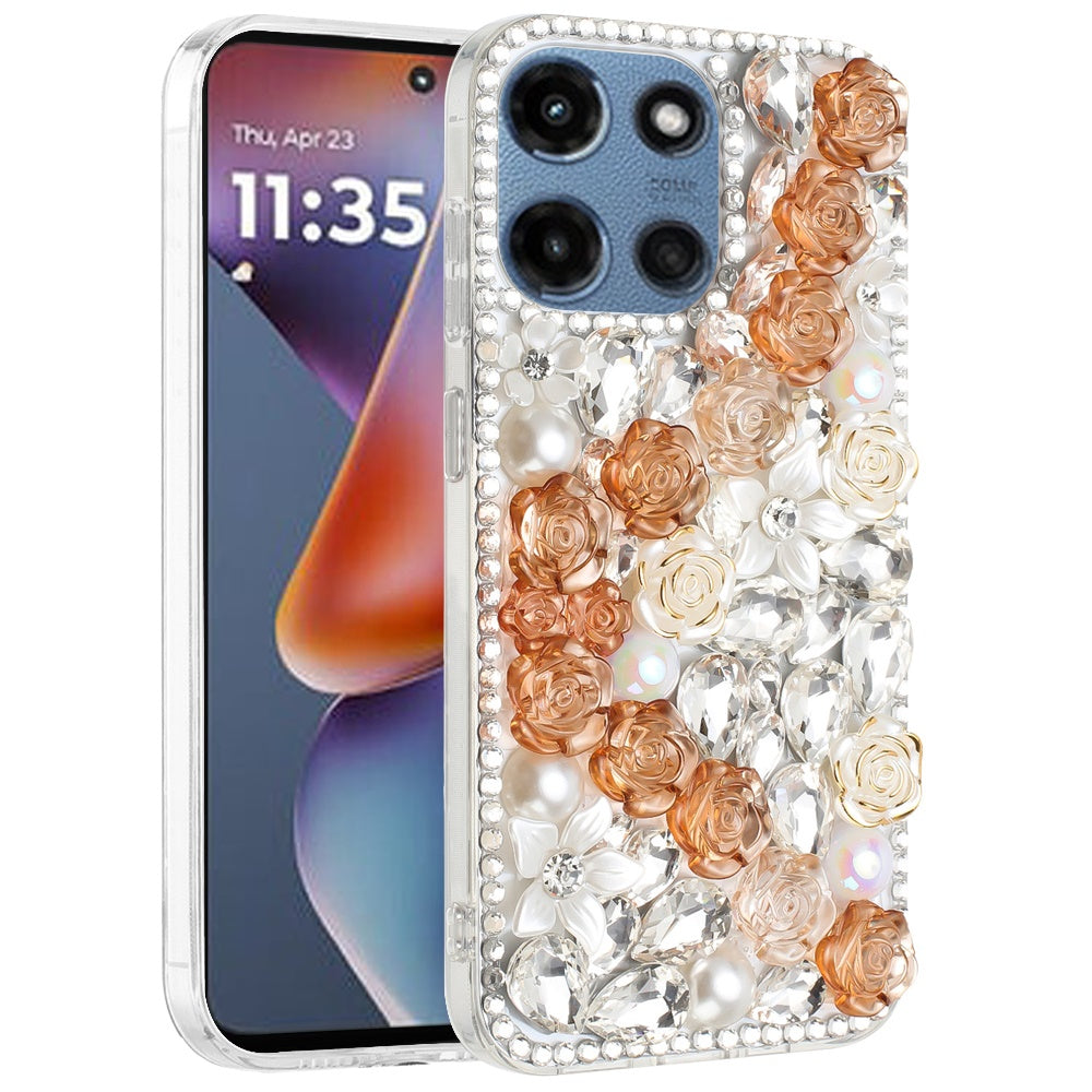 Phone Case for Motorola Moto G 5G 2026/ 2025 Rose Flower Full Diamond Bling Rhinestone Glitter Luxury Stylish Sparkle Protective Designer Hybrid Cover