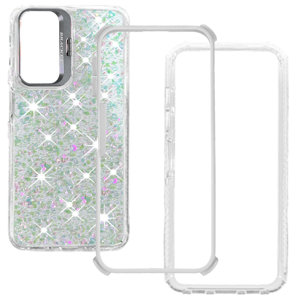 Phone Case for Galaxy A17 5G Luxury Bling Scattered Glitter Hybrid Dual Layers with Integrated Camera Stand and Sparkle Finish Design Cover