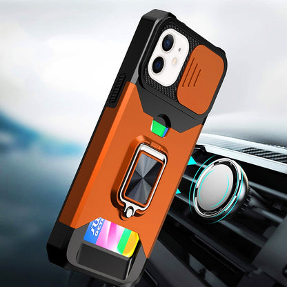 For Apple iPhone 11 Wallet Case with Ring Stand & Slide Camera Cover Back Credit Card Slot Holder, Military Grade Case Cover Cosmic Orange