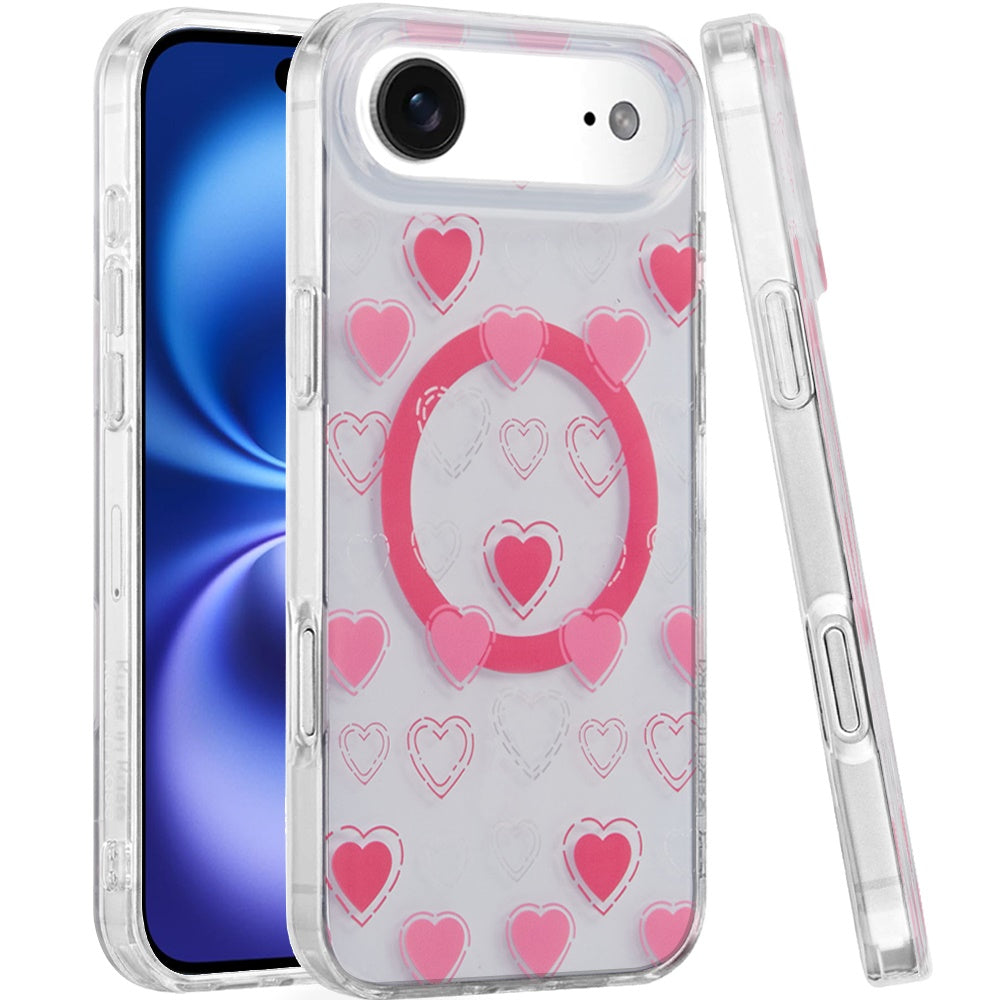 For Apple iPhone 17 Pro Max Stylish Pattern Fashion IMD Printed Design TPU Double Layer Slim Shockproof with Magnetic Back Case Cover Pink Heart