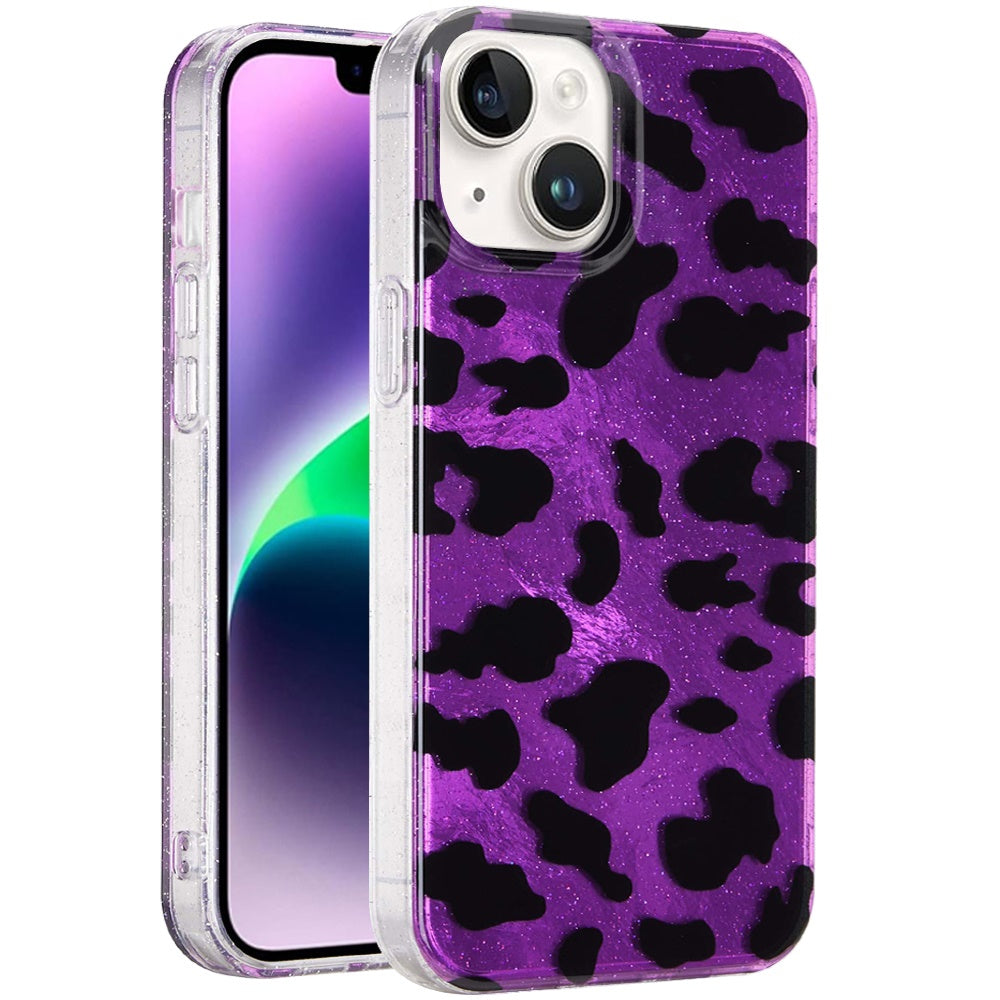 Phone Case for iPhone 14/13 Glitter Leopard, Fashion Design Animal Skin Print Slim IMD TPU Dual Layer Shockproof Protective Cover