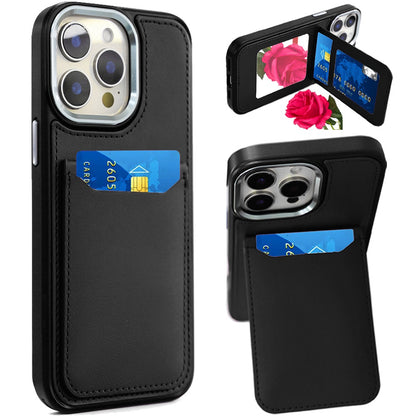 For Apple iPhone 14 Pro Max PU Leather Wallet Cover with Credit Card Holder, Kickstand & Mirror Inside Slim Fit TPU & PC Hybrid Design Case Cover