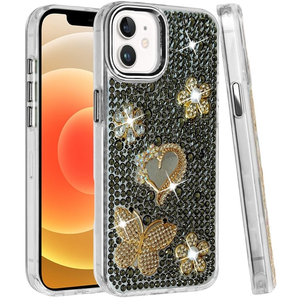 Phone Case for Apple iPhone 12 /12 Pro Luxury Crystal Butterfly Floral Jeweled Heart Full Diamond Design, Sparkling Decorative Details, Elegant Style Cover