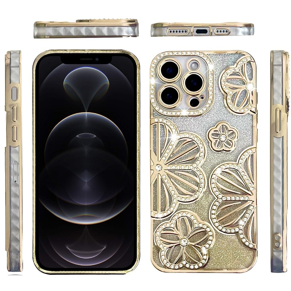 For Apple iPhone 12 Pro Max Luxury Flower Design Sparkle Glitter Diamond Rhinestone Shimmer Bling Plating Thick TPU Hard PC Case Cover