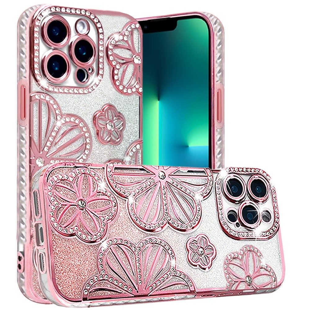 For Apple iPhone 13 Pro Luxury Flower Design Sparkle Glitter Diamond Rhinestone Shimmer Bling Plating Thick TPU Hard PC Case Cover