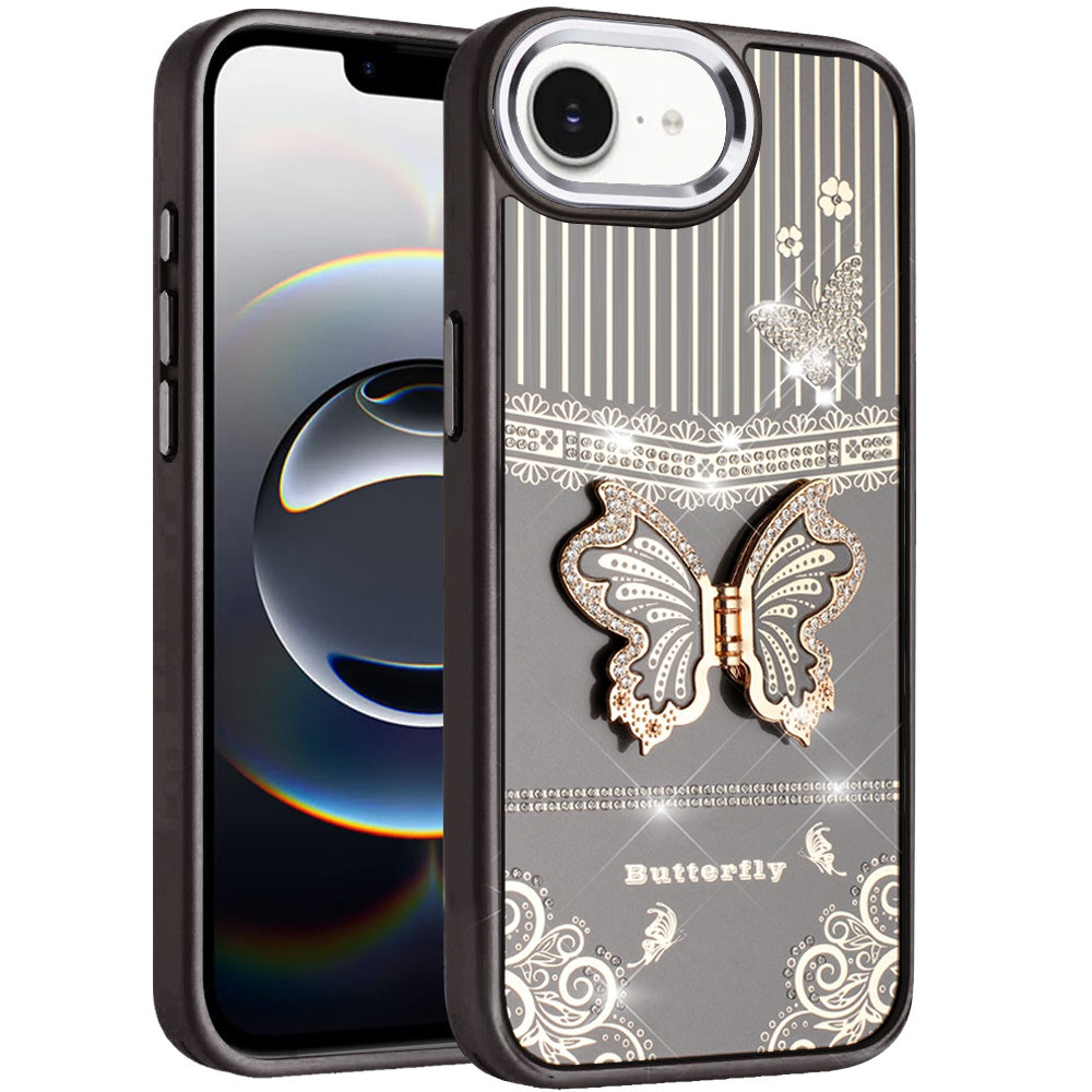 For Apple iPhone 17E /16E Glitter 3D Butterfly Design Bling Metallic Edge Hybrid Stand Drop Protection TPU Shockproof Case Cover