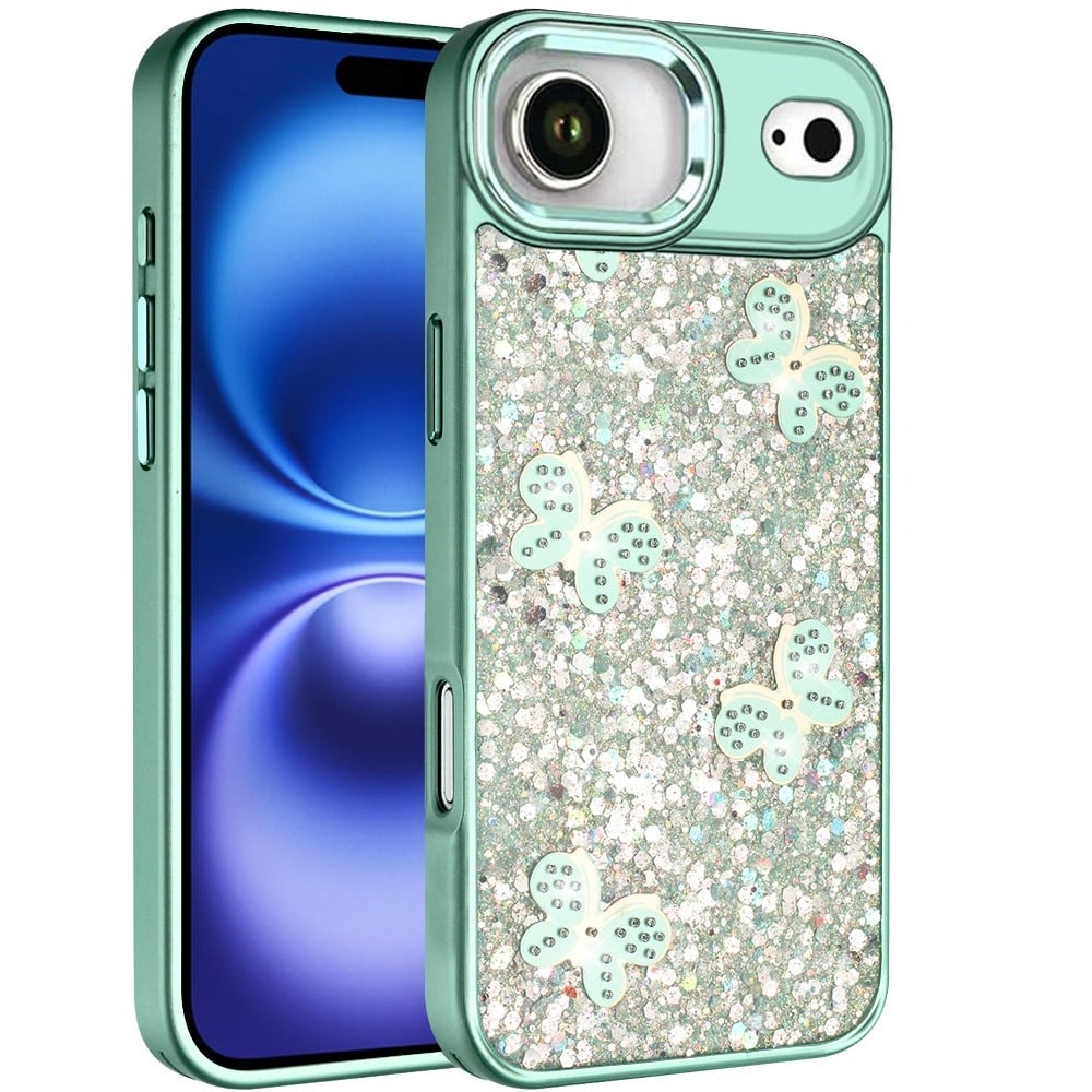 For Apple iPhone 17 Air (6.6") Cute Butterfly Crystal Diamond Glitter Case Sparkle Bling Frame Metallic Edges, Shimmer TPU Hybrid Case Cover
