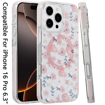 For Apple iPhone 16 Pro Double Layer Fashion IMD Magnetic Hybrid Shockproof Protection Stylish Durable Design Secure Grip Slim Case Cover Pink Floral