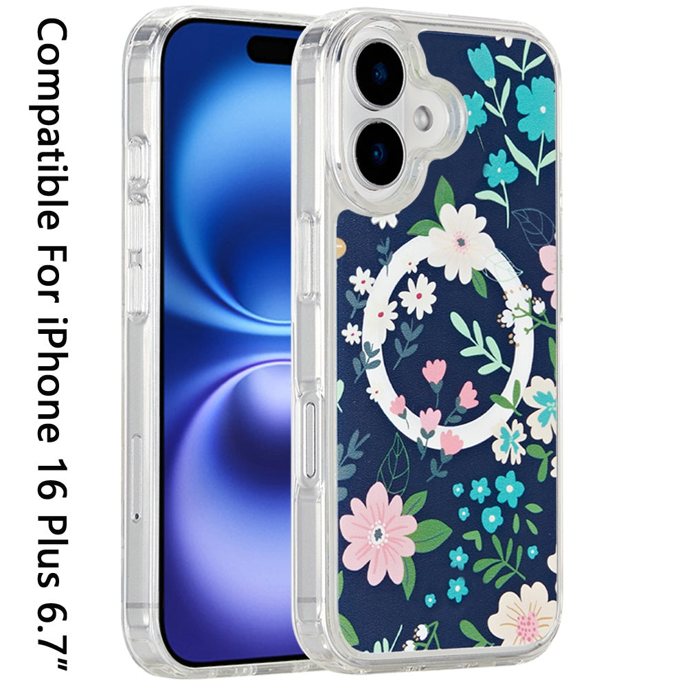 For Apple iPhone 16 Plus Cute Fashion Pattern Design, Durable Shockproof Slim TPU Hard Back, MagSafe Compatible Case Cover Galaxy Floral