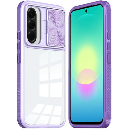 Phone Case for Samsung Galaxy A27 Clear Transparent Back with Sliding Camera Hybrid Shockproof Slim Protective Durable Colorful Frame Cover Purple