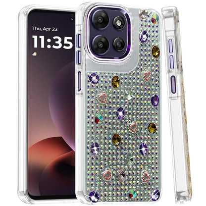 Phone Case for Moto G Power 5G (2026/2025) Chrome Fashion Hybrid Bling Diamond Heart Rhinestone Decorative Stones Sparkling Embellished Design Cover