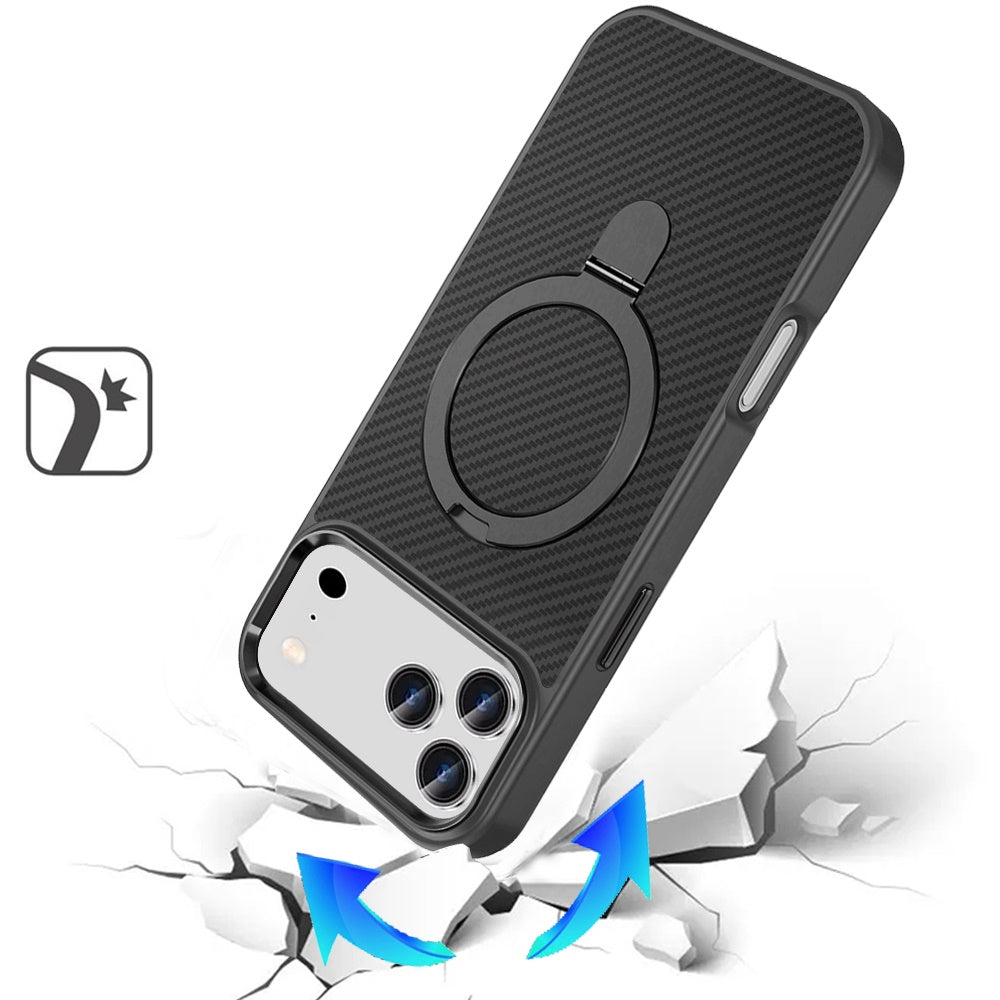 Phone Case for Apple iPhone 17 Pro Max (6.9") Carbon Fiber Magnetic Ring Stand Hybrid Shockproof AntiSlip Grip Kickstand Military Drop Protection Matte Finish Cover Black