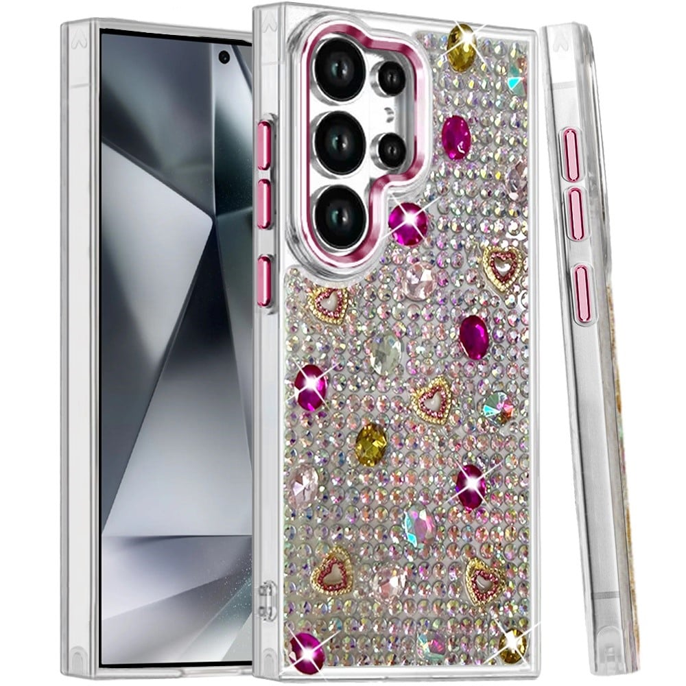 Phone Case for Samsung Galaxy S24 Ultra Chrome Fashion Hybrid Bling Diamond Heart Rhinestone Decorative Stones Sparkling Embellished Design Cover