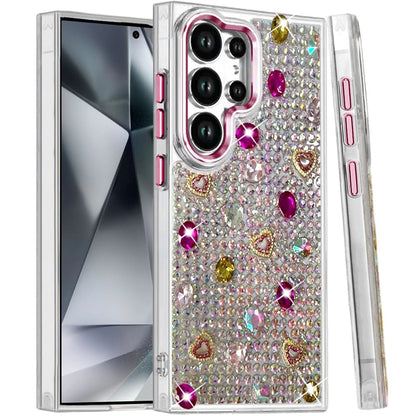 Phone Case for Samsung Galaxy S24 Ultra Chrome Fashion Hybrid Bling Diamond Heart Rhinestone Decorative Stones Sparkling Embellished Design Cover
