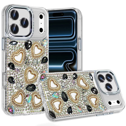 Phone Case for Apple iPhone 17 Pro Luxury Crystal Heart Rhinestone Diamond Bling Shockproof Hybrid Glitter Protective Stylish Durable Grip Cover