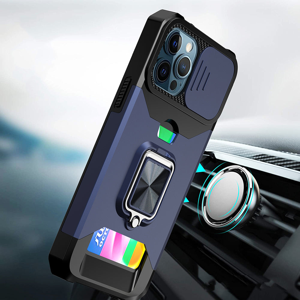 Phone Case for Apple iPhone 14 Pro Max Card Holder Magnetic Ring Stand Shockproof Anti Slip Wallet Grip Protective Hybrid Design Cover Blue