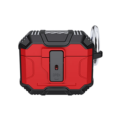 For Airpods Pro 3 (2025) Heavy Duty Hybrid Shockproof Case Hard PC Rubber TPU Cover with Open Button & Metal Hook Case Cover Red