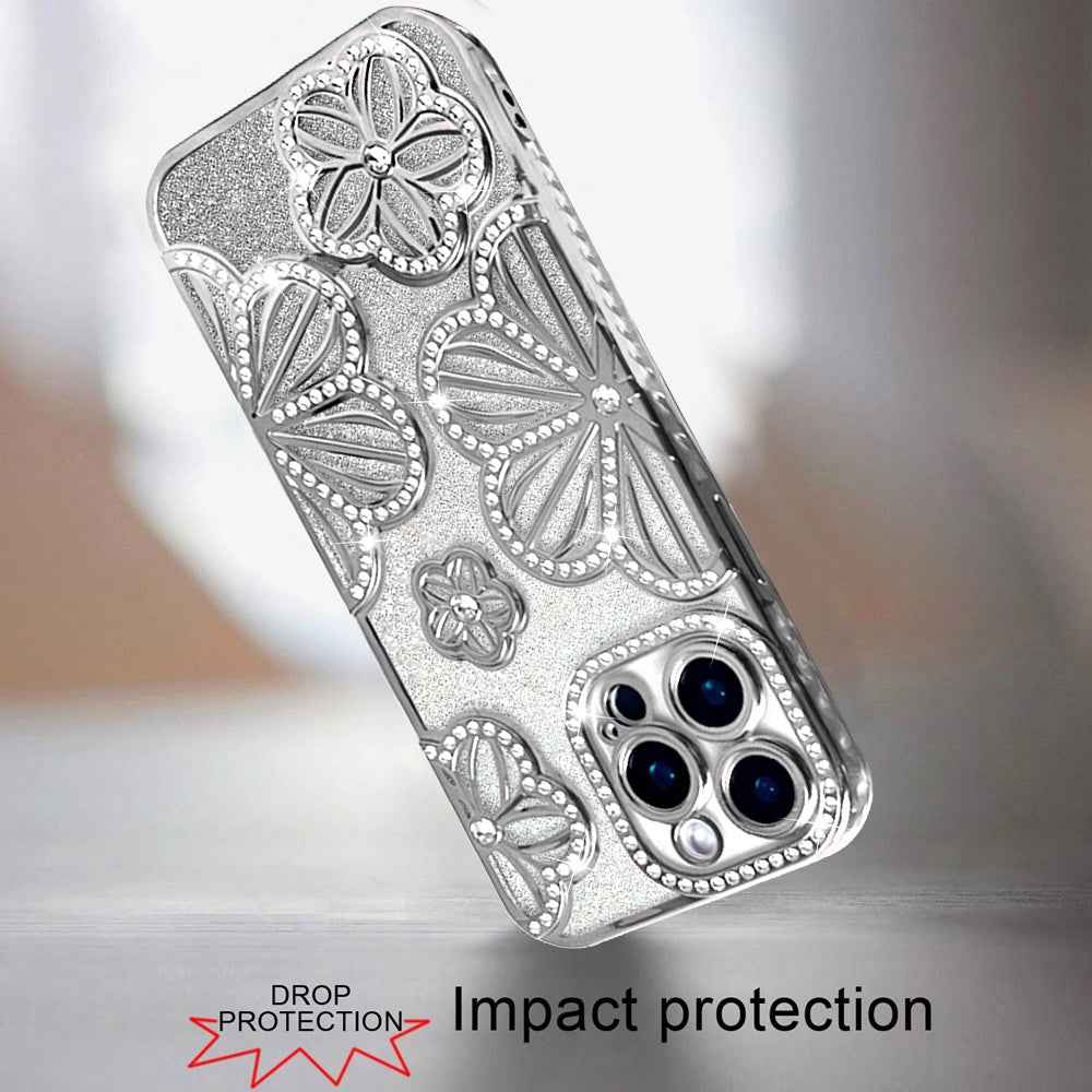 For Apple iPhone 15 Pro Max Luxury Flower Design Sparkle Glitter Diamond Rhinestone Shimmer Bling Plating Thick TPU Hard PC Case Cover