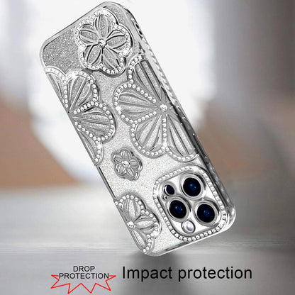 For Apple iPhone 15 Pro Max Luxury Flower Design Sparkle Glitter Diamond Rhinestone Shimmer Bling Plating Thick TPU Hard PC Case Cover