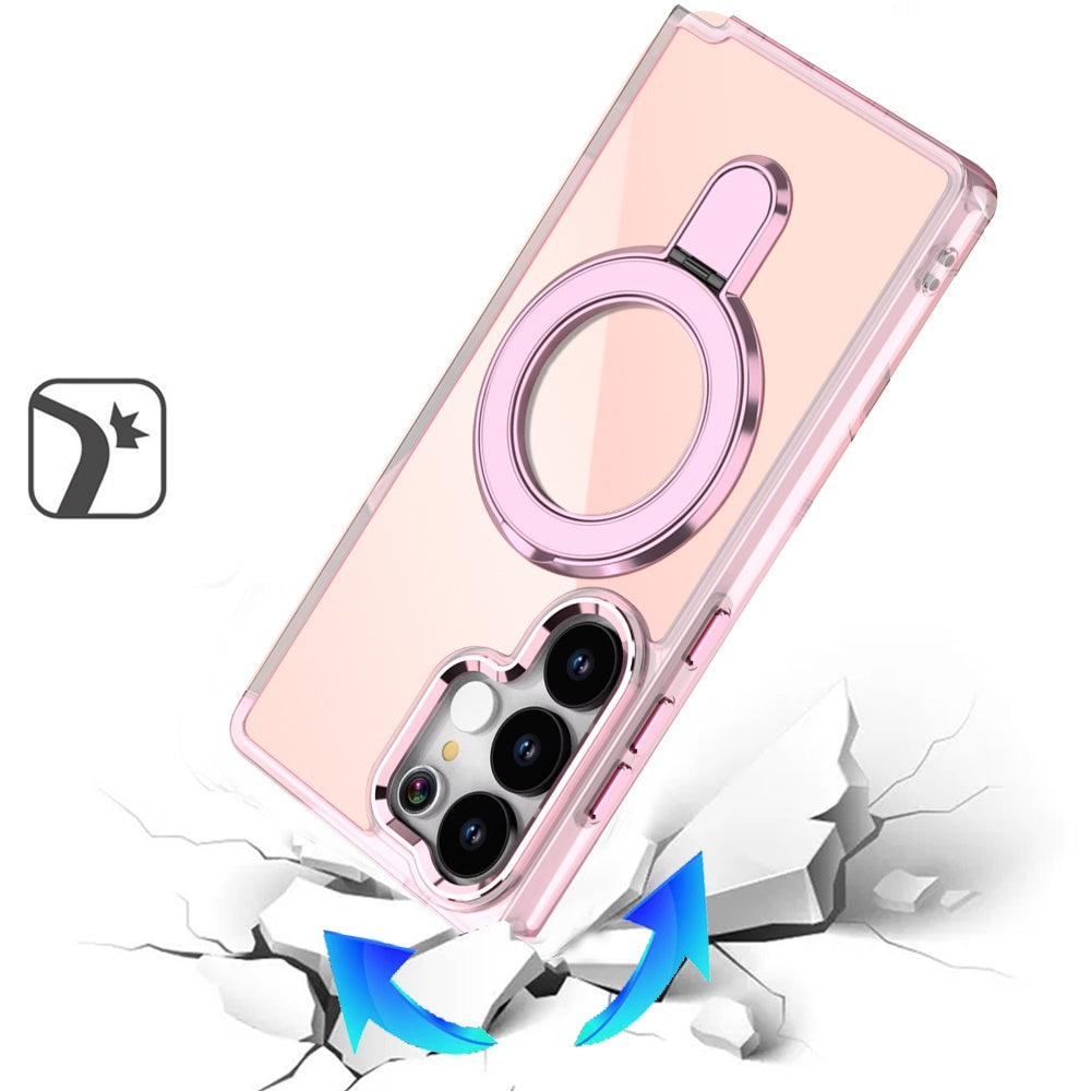 For Samsung Galaxy S25 Ultra Chrome Hybrid with Rotating Magnetic Circle Ring Stand, Slim Shockproof Hybrid Case Cover