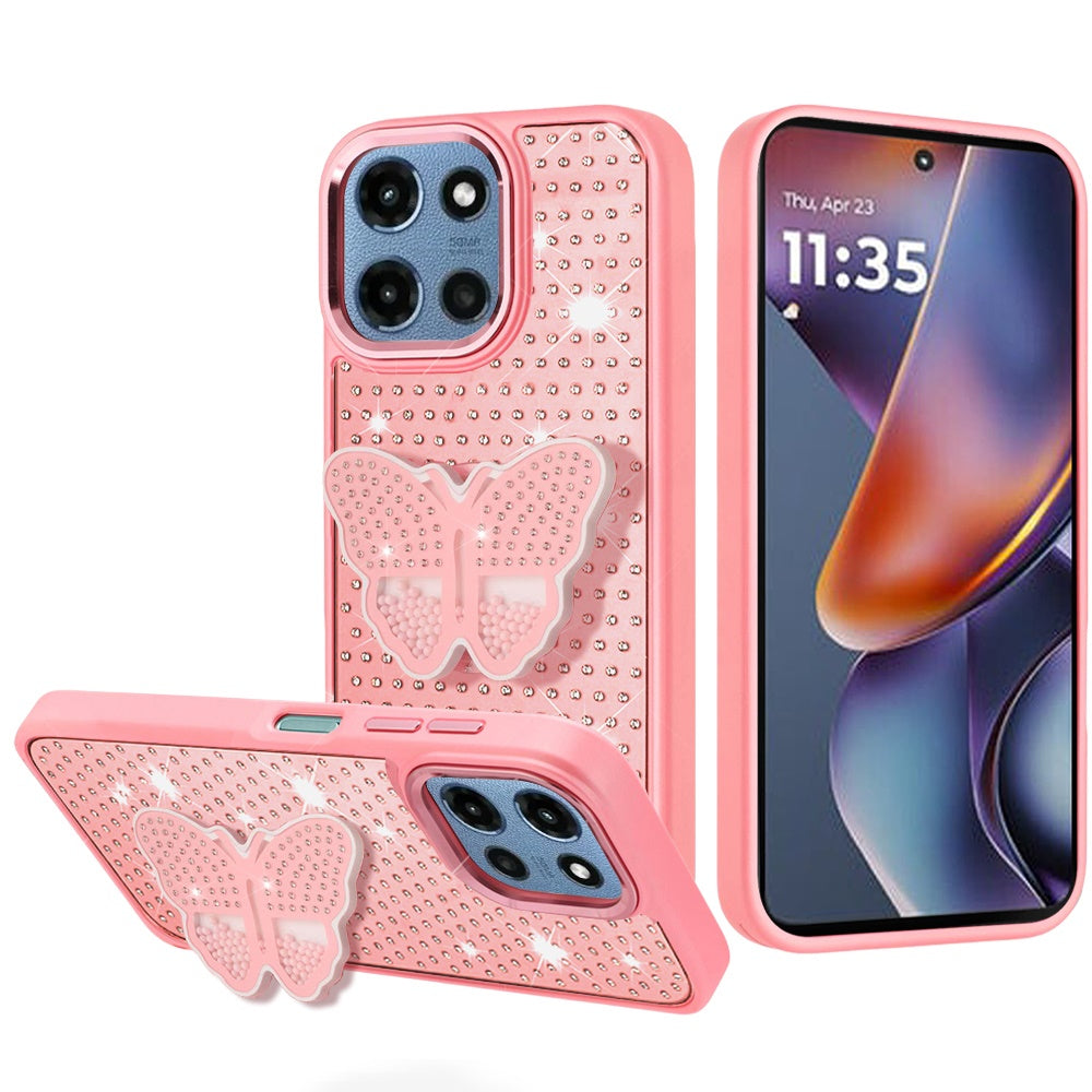 For Motorola Moto G Play 5G 2026 Butterfly Moveable Grip 3D Pop Stand Full Diamond Bling Sparkling TPU Fashion Hybrid Case Cover Pink