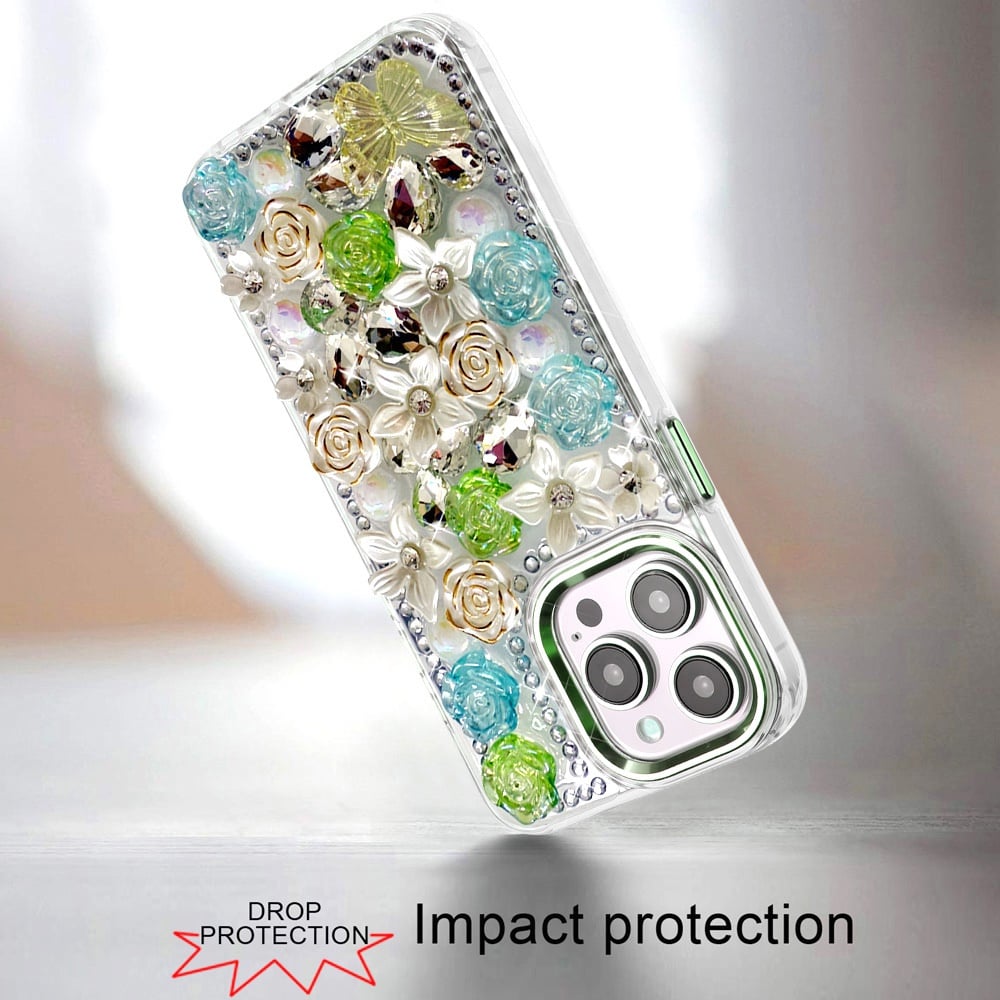For iPhone 14 Pro Max (6.7") 3D Diamond Floral Roses Flower Bling Stone Hybrid, Sparkly Rhinestone Gemstone Back Shockproof Case Cover Green